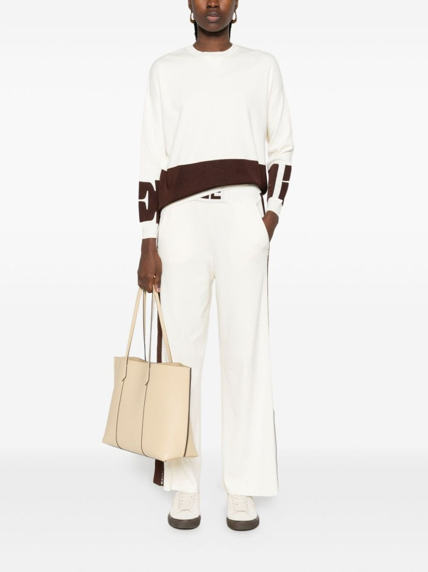 Elisabetta Franchi Lightweight White Sweater With Brown Graphic Band
