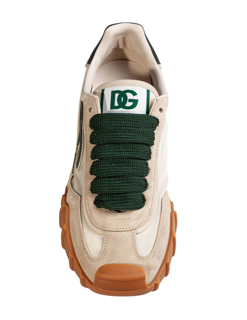 Dolce & Gabbana Ivory & Bottle Green Athletic Fabric Sneakers