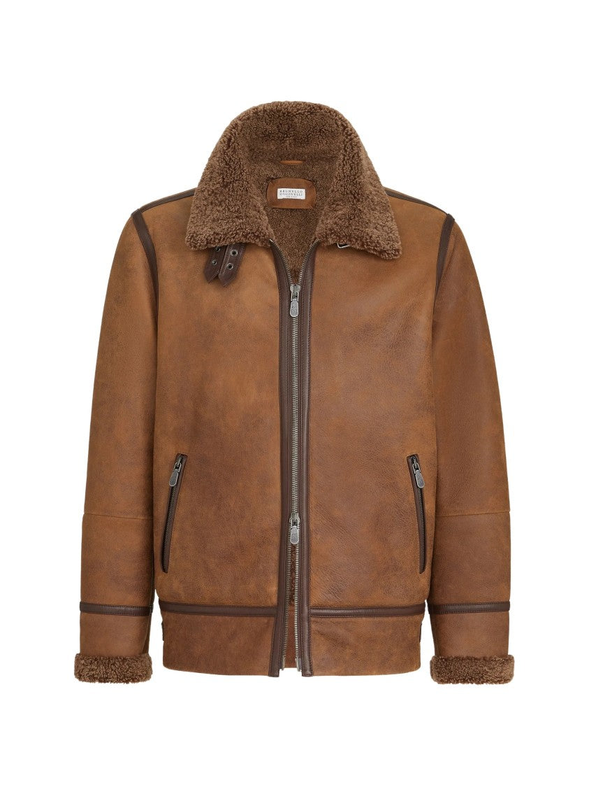 Brunello Cucinelli Brown Shearling Collar Leather Bomber Jacket
