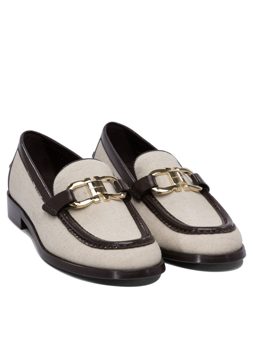 Ferragamo Leather-Textile Blend Loafers With Decorative Buckle