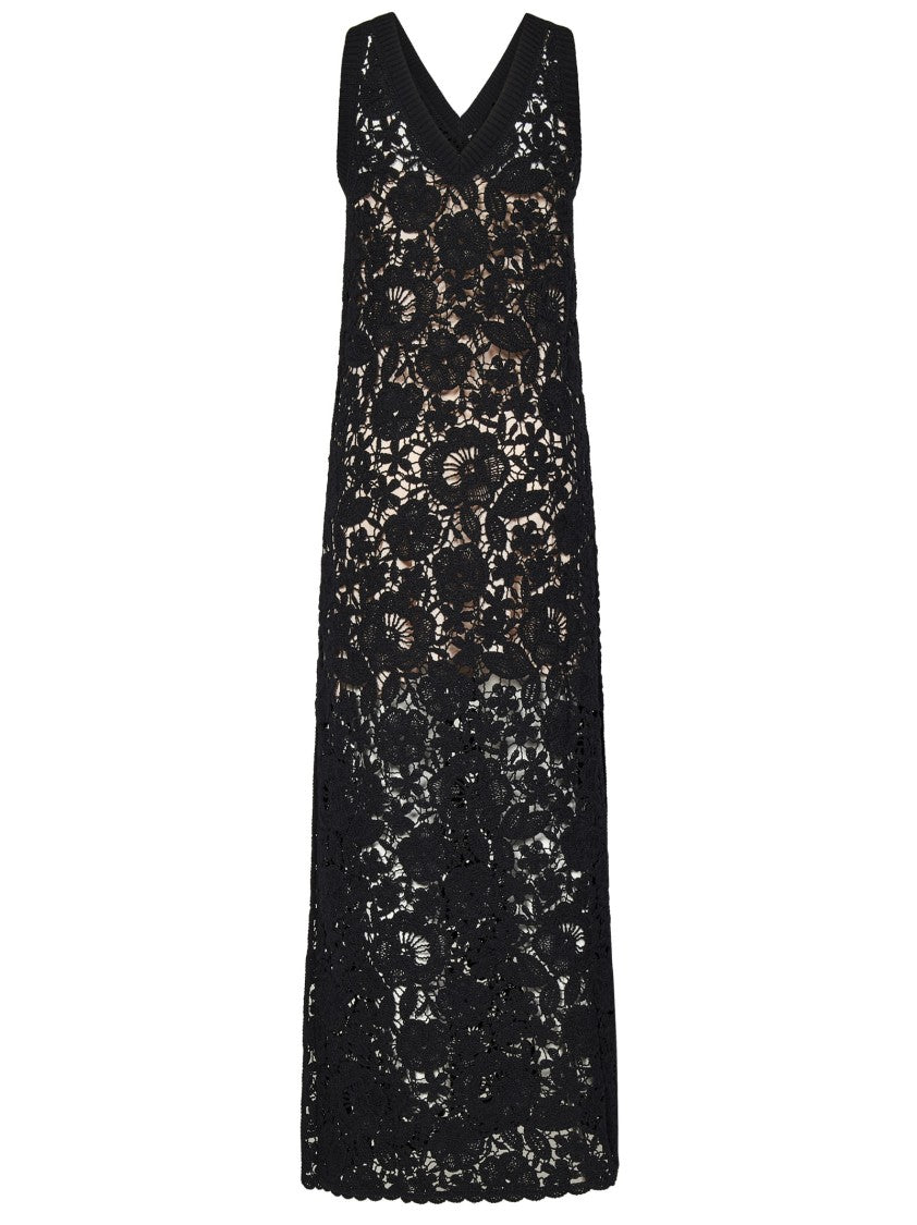 Parosh Long Black Cotton Crochet Lace Dress With V-Neckline
