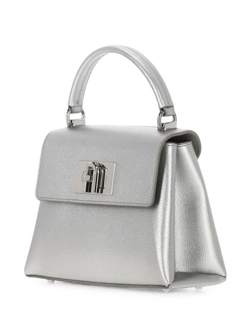 Furla Metallic Silver Leather Structured Trapezoidal Shoulder Bag
