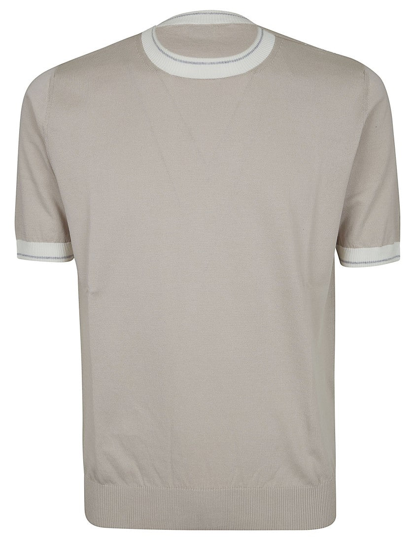 Eleventy Cotton Jersey T-Shirt With Contrasting Knit Collar And Cuffs