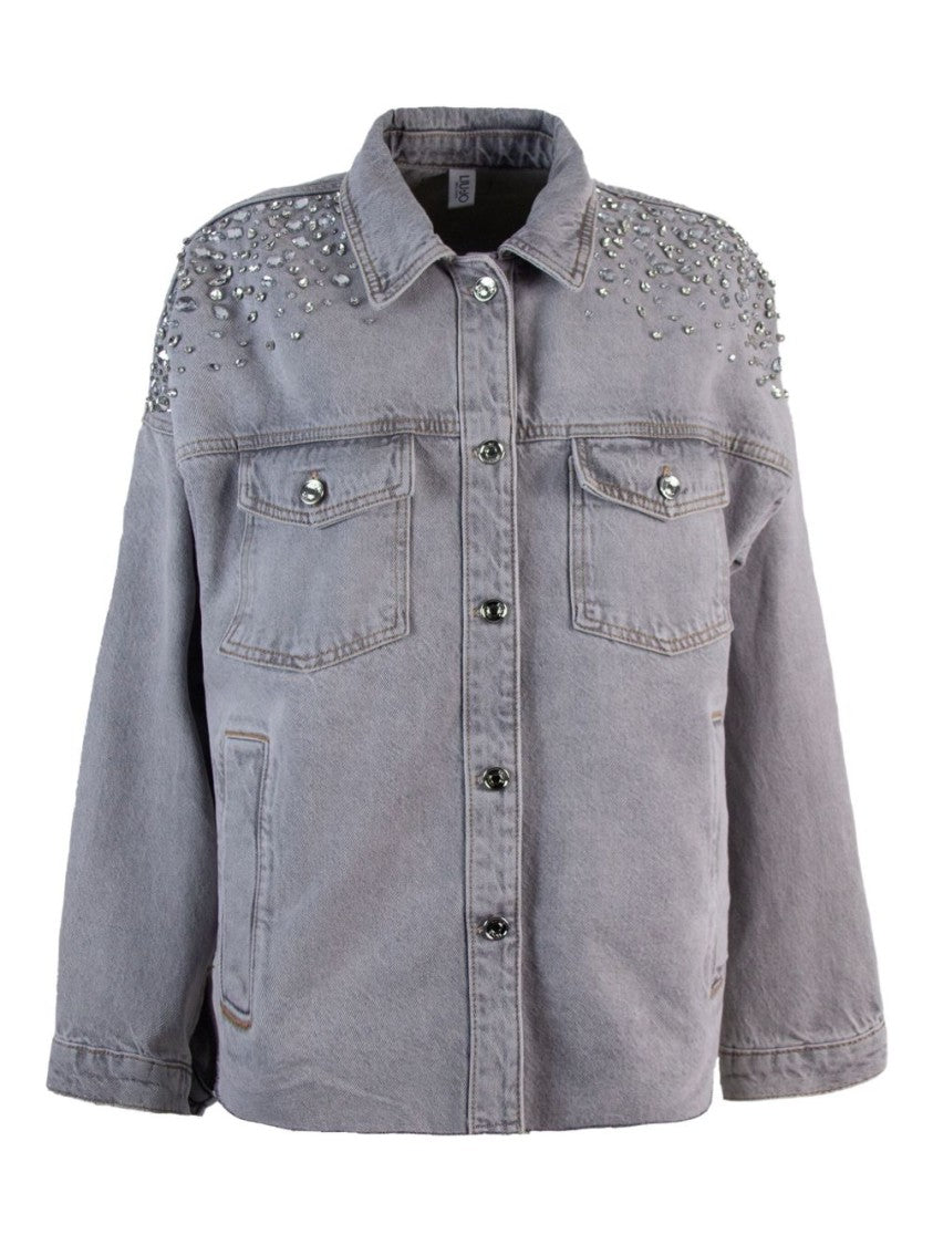 Liu Jo Relaxed Fit Grey Coat With Embellished Shoulders