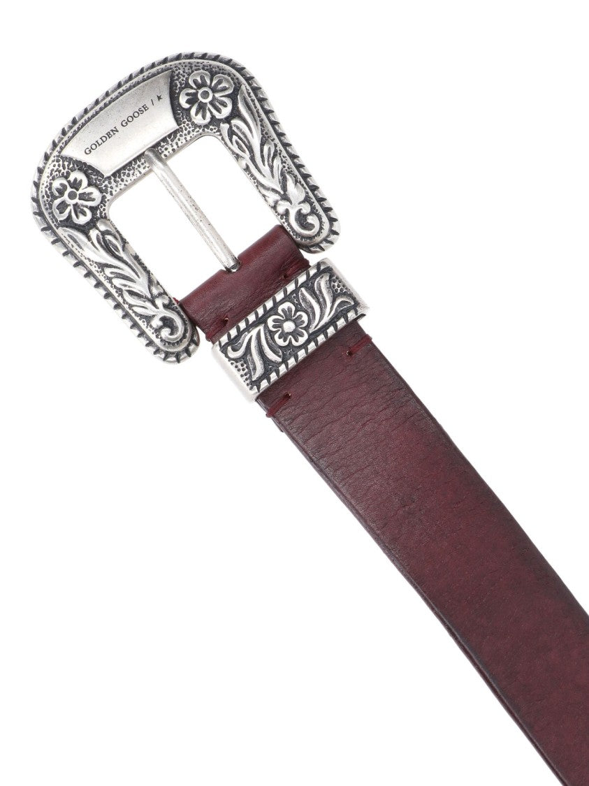 Golden Goose Bordeaux Ornate Buckle Leather Belt