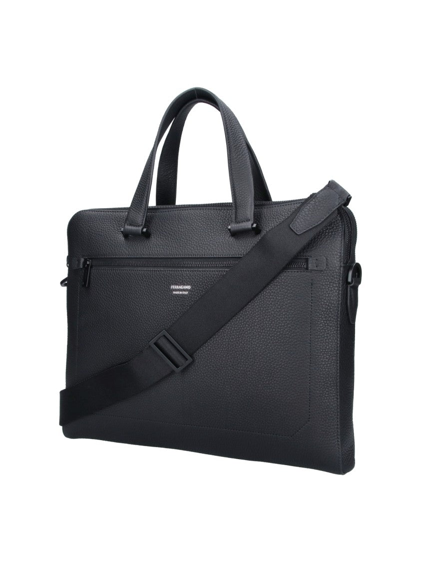Ferragamo Black Textured Leather Triple Compartment Briefcase