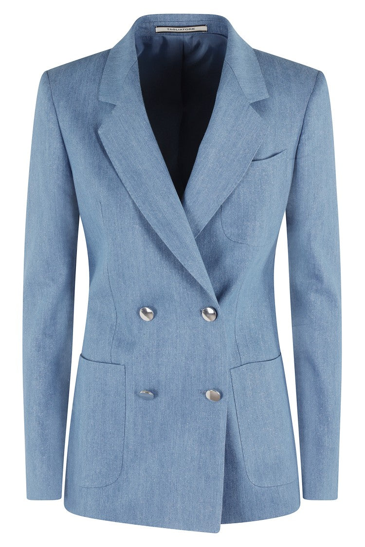 Tagliatore Denim Lurex Double-Breasted Blazer With Notch Lapel