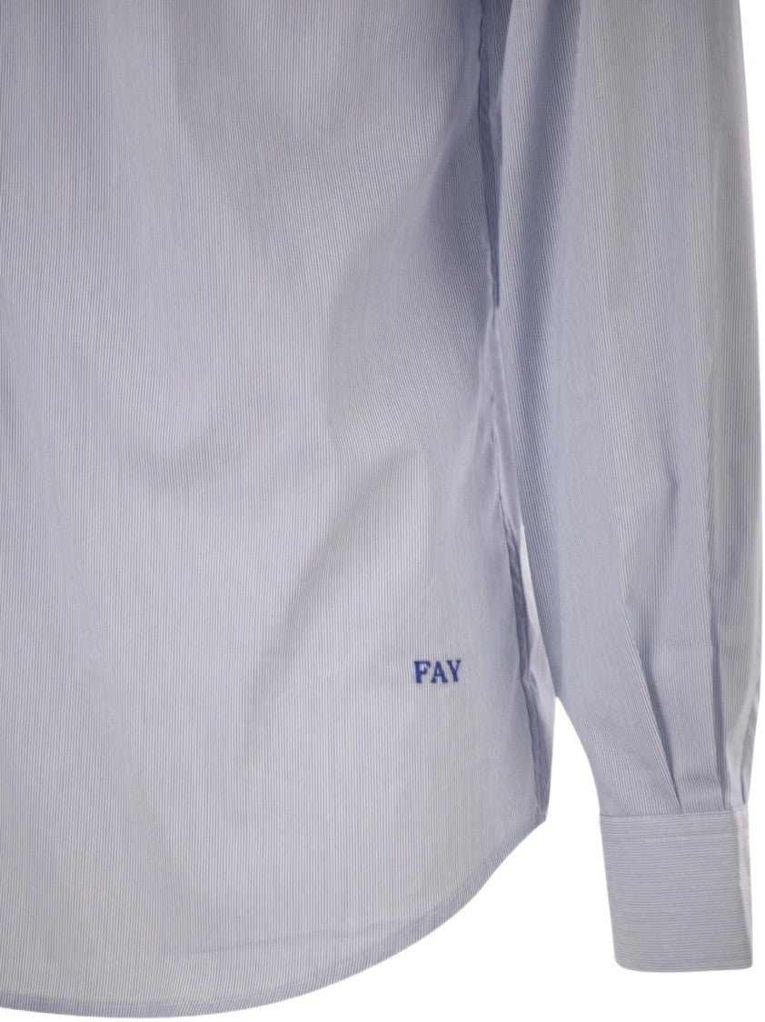 Fay Blue Stretch Cotton Shirt With French Collar And Embroidered Logo
