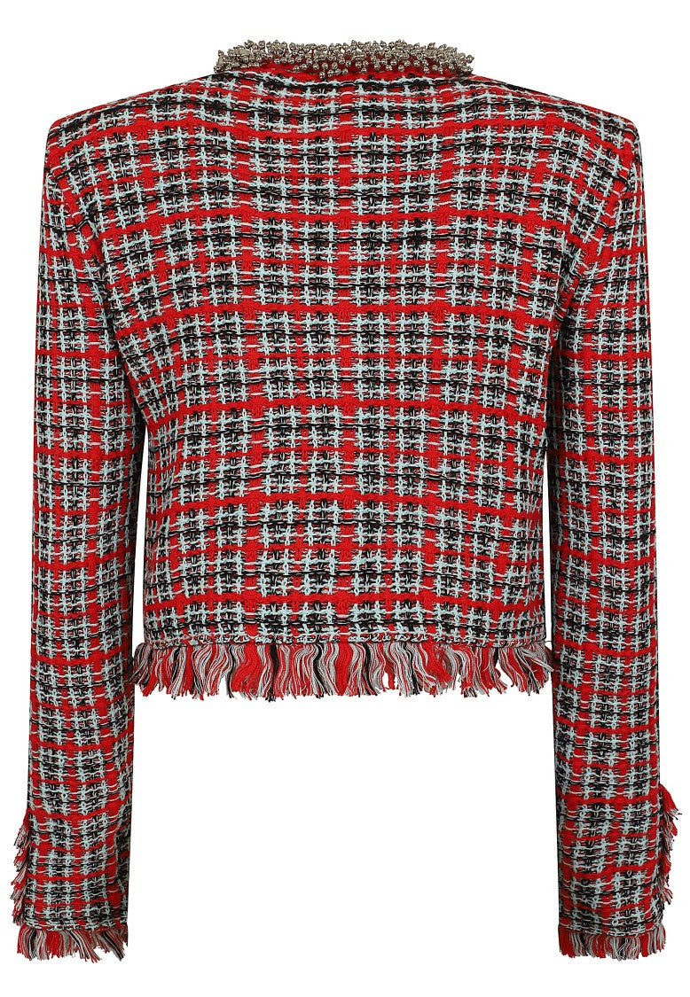 Self-Portrait Checked Cropped Knit Jacket With Frayed Edges
