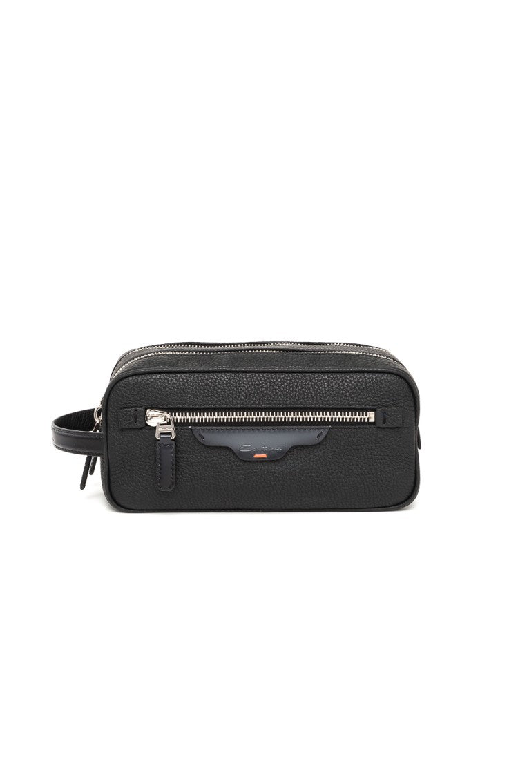 Santoni Textured Leather Belt Bag With Dual Compartments And Silver Accents