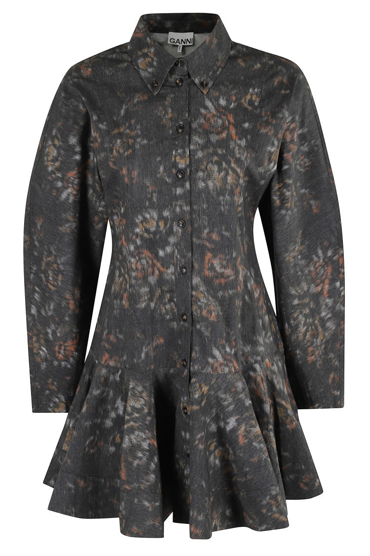 Ganni Printed Stretch Cotton Buttoned Dress