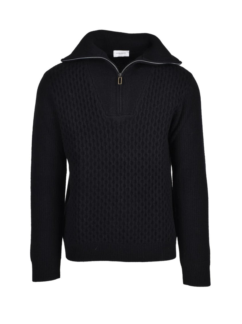 Paolo Pecora Textured Knit Black Wool Zip Sweater By Paolo Pecora