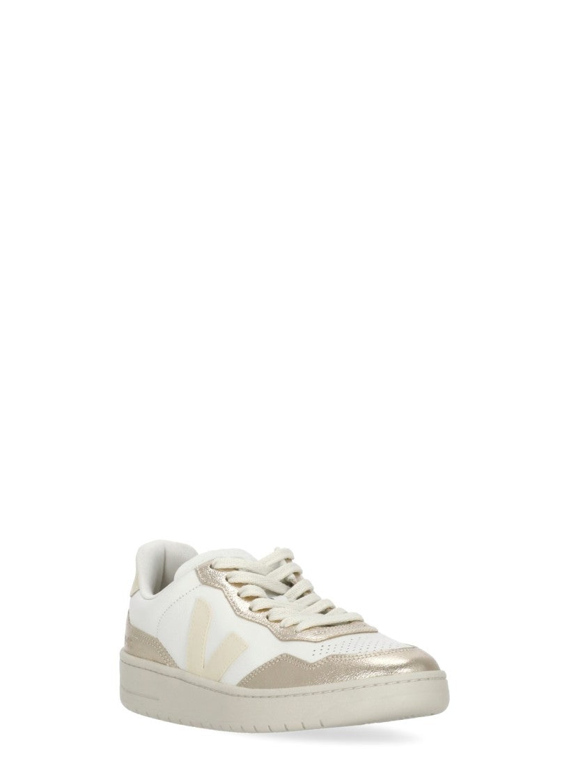 Veja White V-90 Gold Accent Leather Sneakers