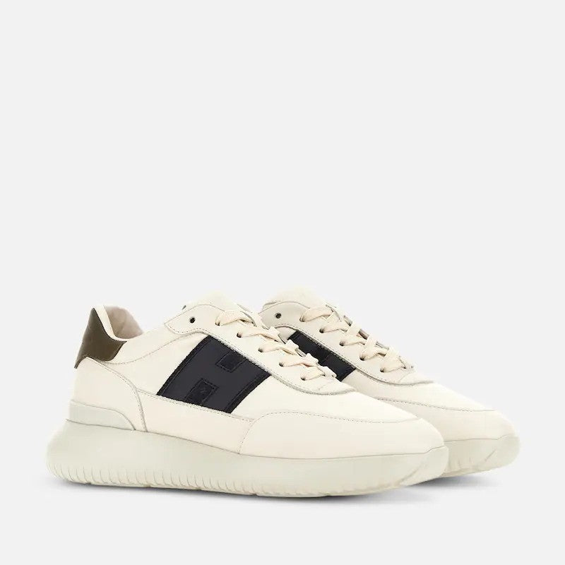 Hogan Off-White Black Logo Olive Heel Tab Low-Top Sneakers