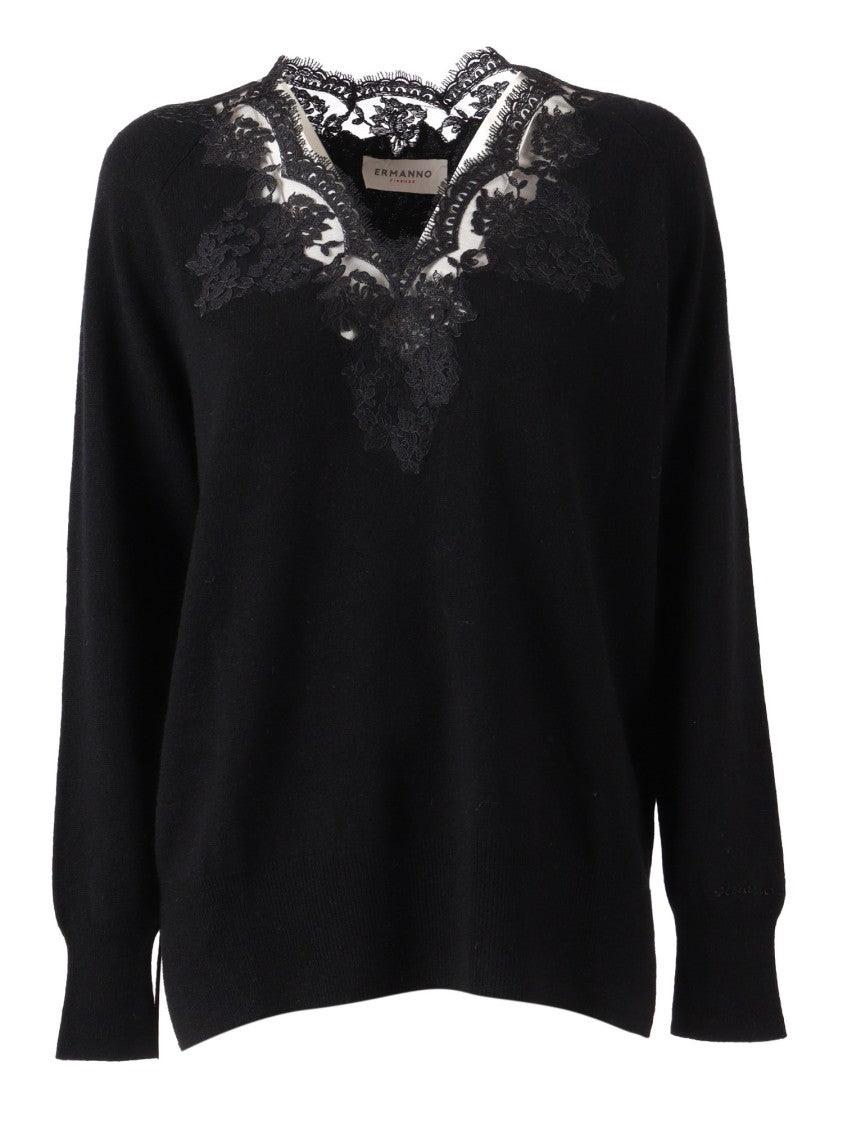Ermanno Scervino V-Neck Long-Sleeved Knit Top In Wool-Cashmere Blend