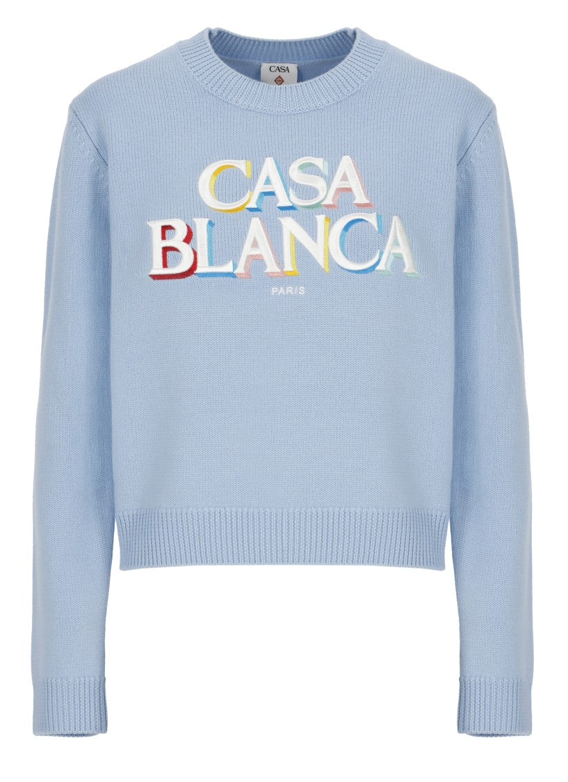 Casablanca Light Blue Wool Knit Sweater With Embroidered Logo