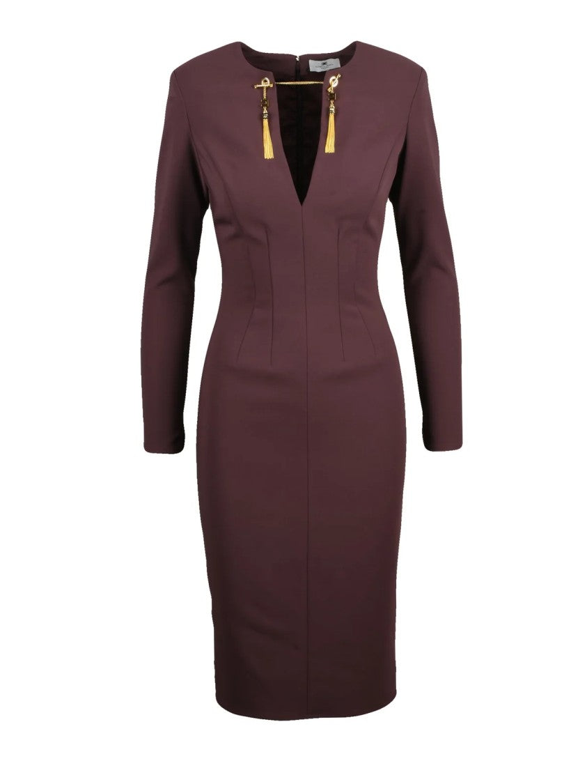 Elisabetta Franchi Brown Silhouette Chain Detail Stretch Fitted Dress