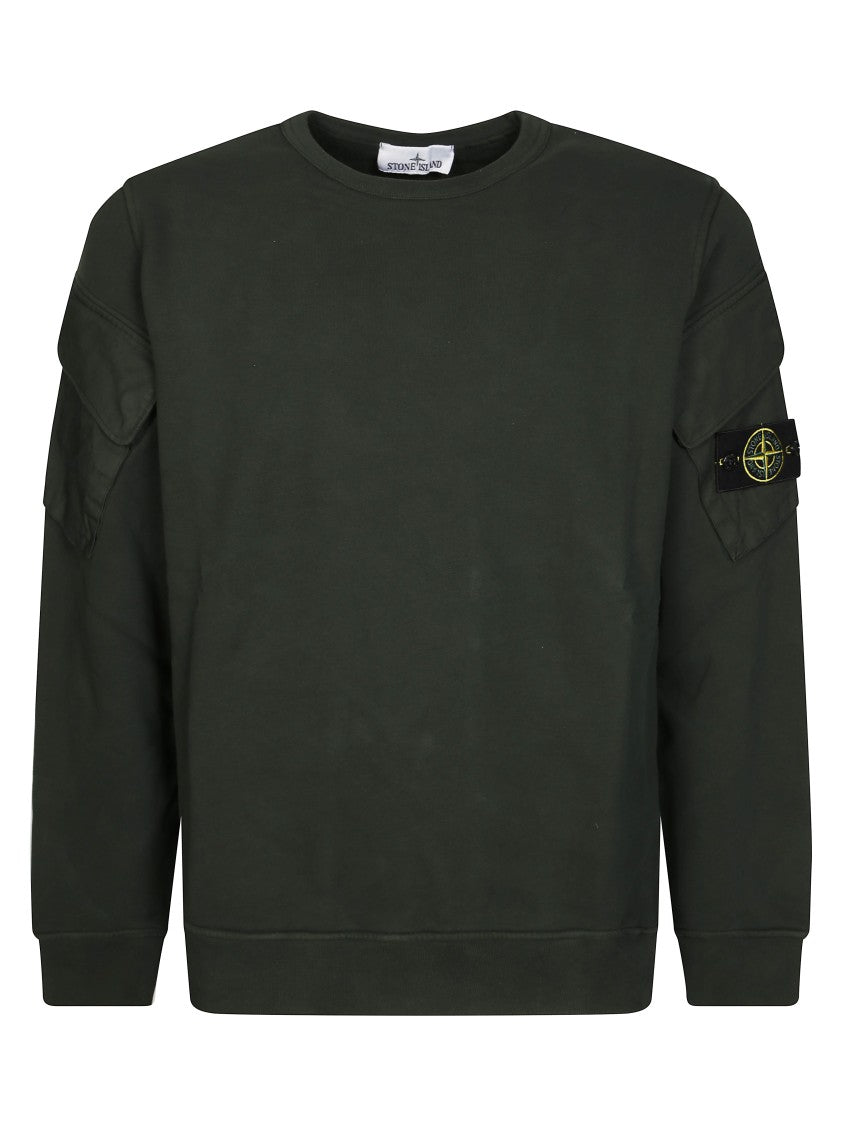 Stone Island Dark Green Crewneck Sweatshirt With Flap Pockets And Compass Logo