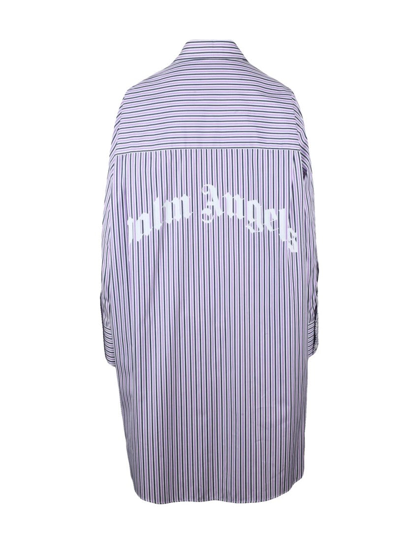Palm Angels Oversized Cotton Shirt Dress With Vertical Stripes And Bold Branding