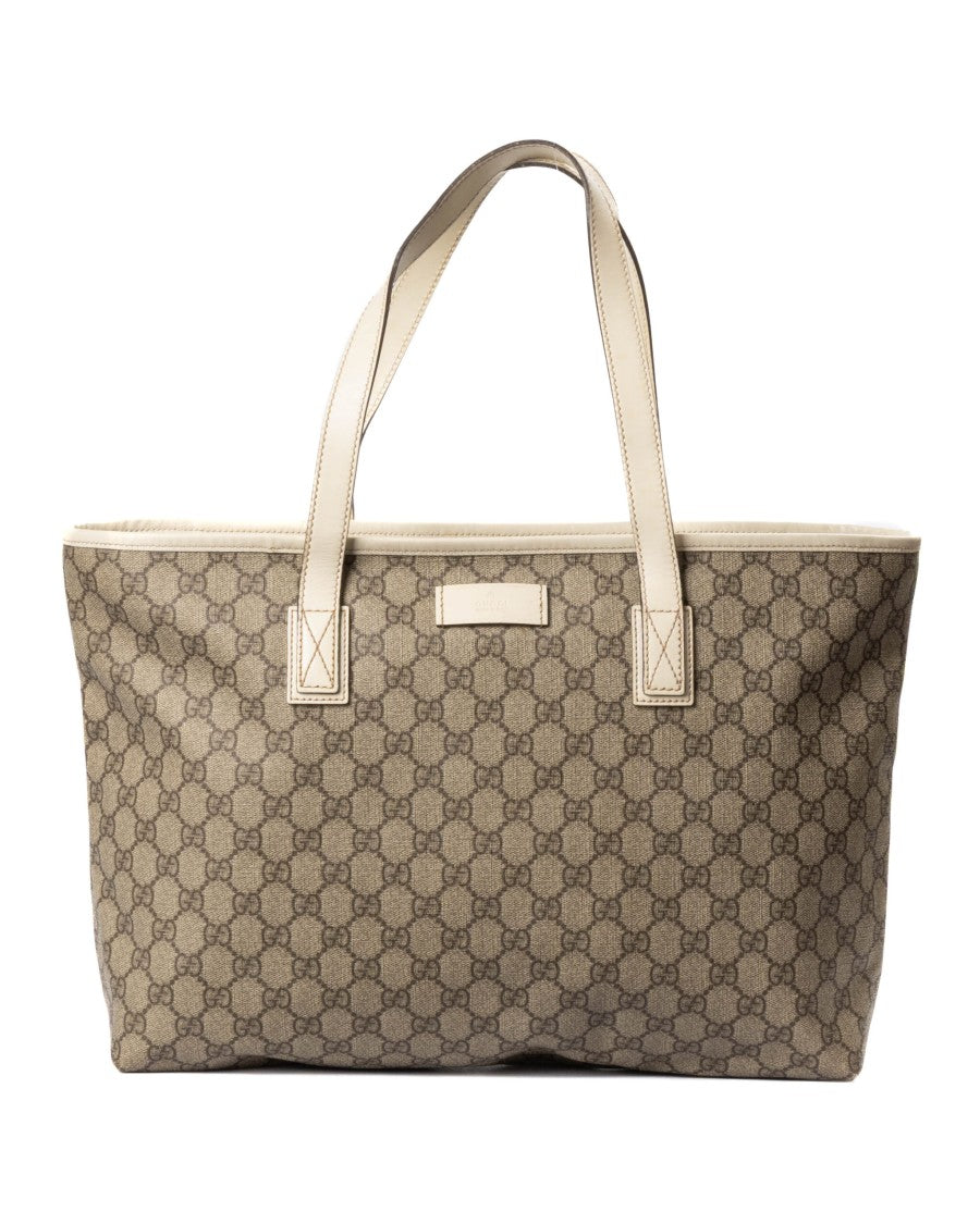 Gucci Medium Gg Supreme Tote Bag With White Leather Accents