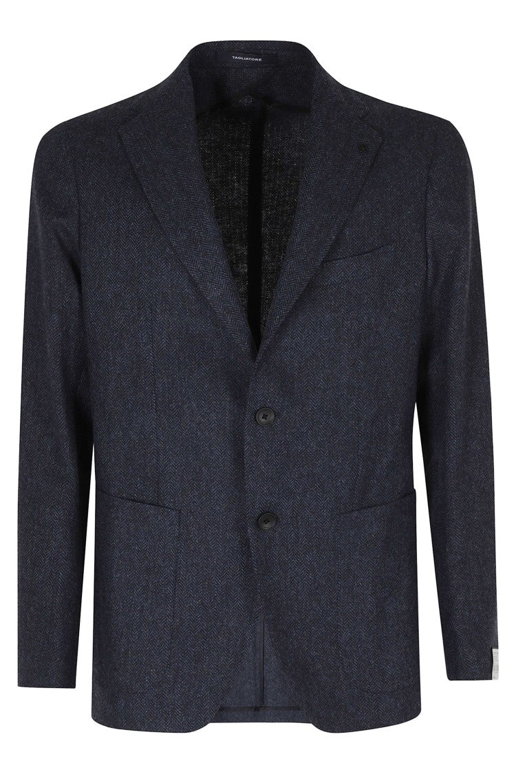 Tagliatore Blue Spina Houndstooth Herringbone Virgin Wool Blazer