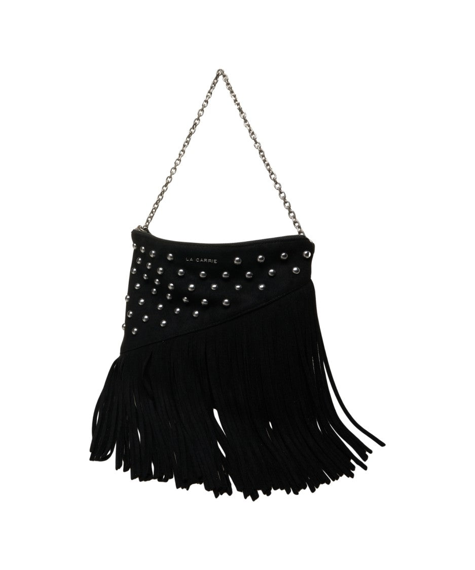 La Carrie Fringe-Embellished Black Shoulder Bag With Silver Chain Strap