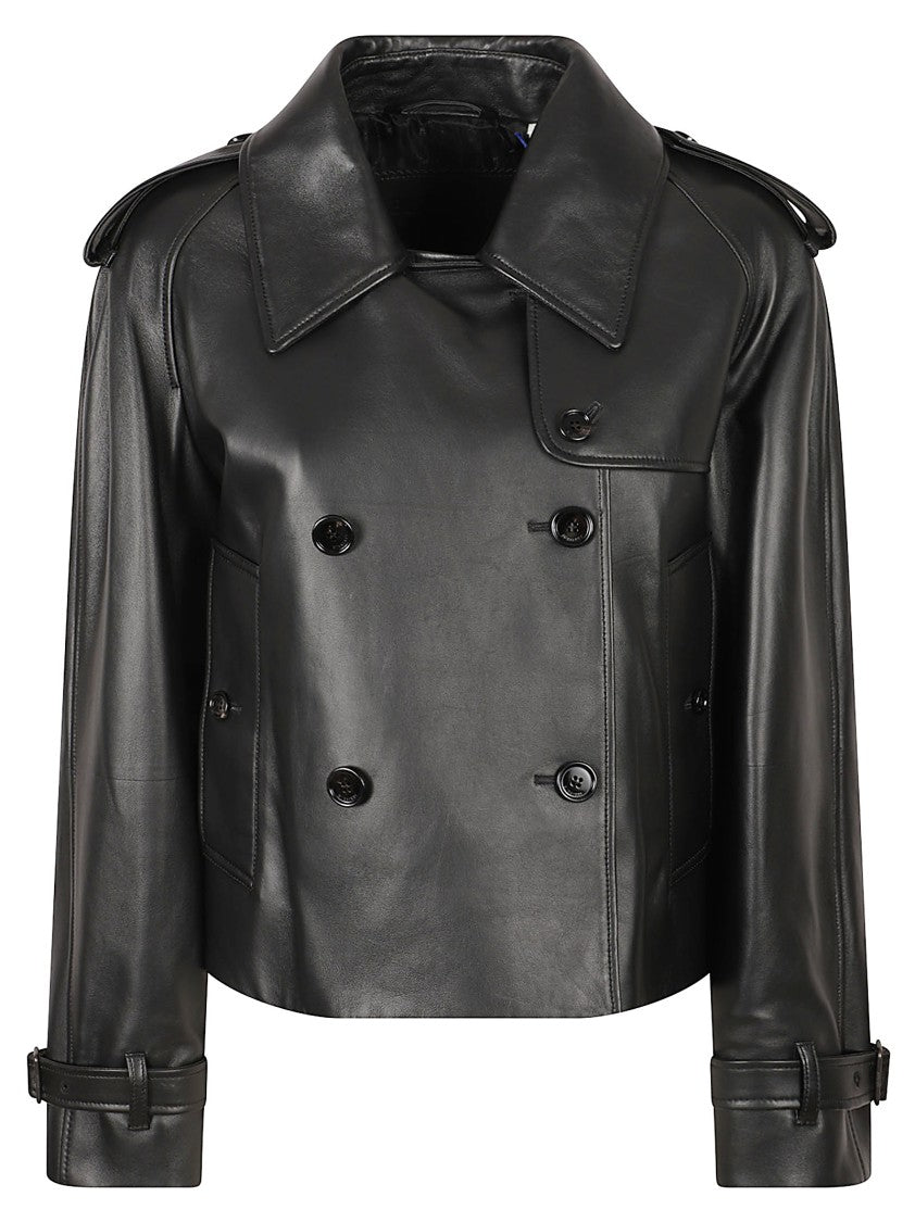 Burberry Cropped Black Lamb Leather Jacket With Double-Breasted Front