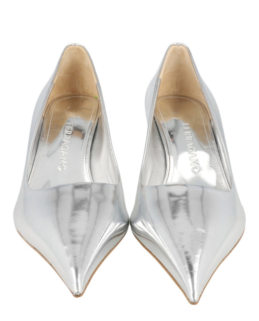 Ferragamo Metallic Leather Pumps With Pointed Toe And Curved Heel