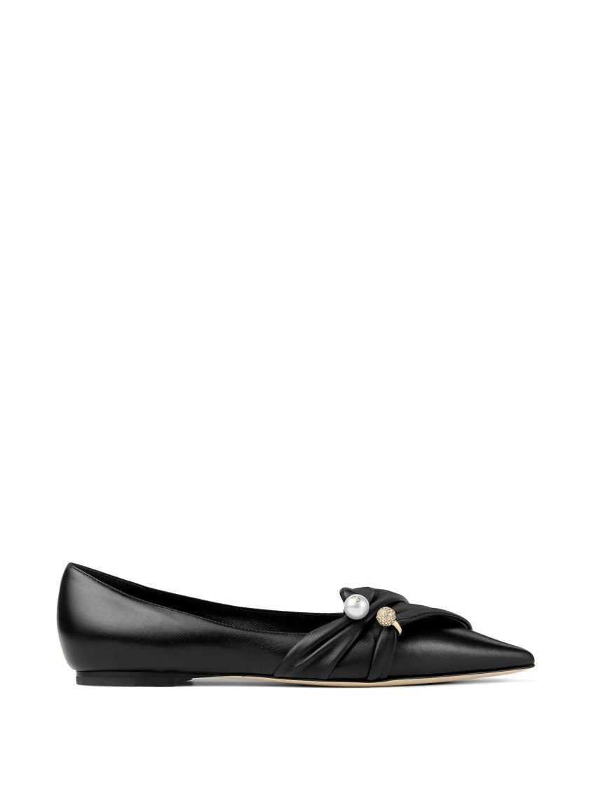 Jimmy Choo Pointed-Toe Nappa Leather Ballerina Flats With Pearl Detail