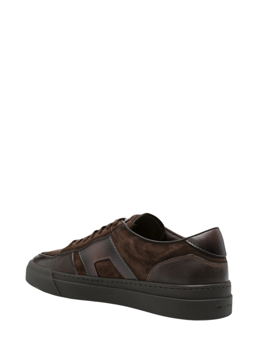 Santoni Low-Top Suede-Panelled Leather Sneakers