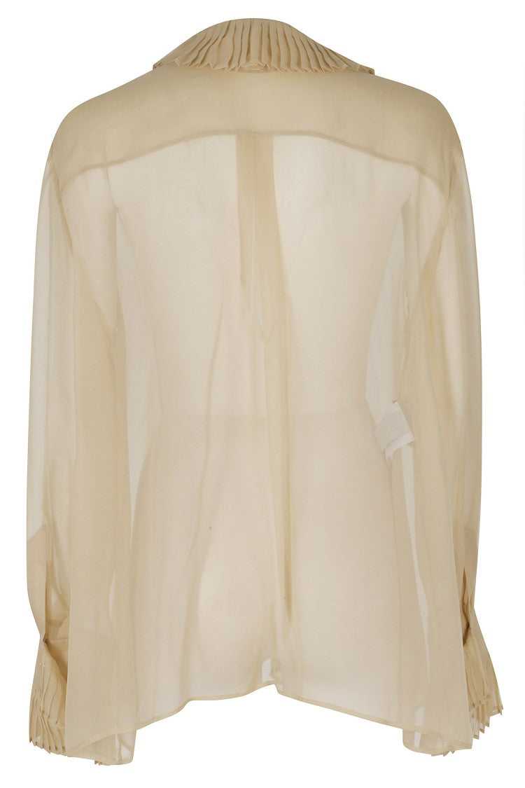 Alberta Ferretti Beige Silk Chiffon Pleated Ruffled V-Neck Silk Blouse