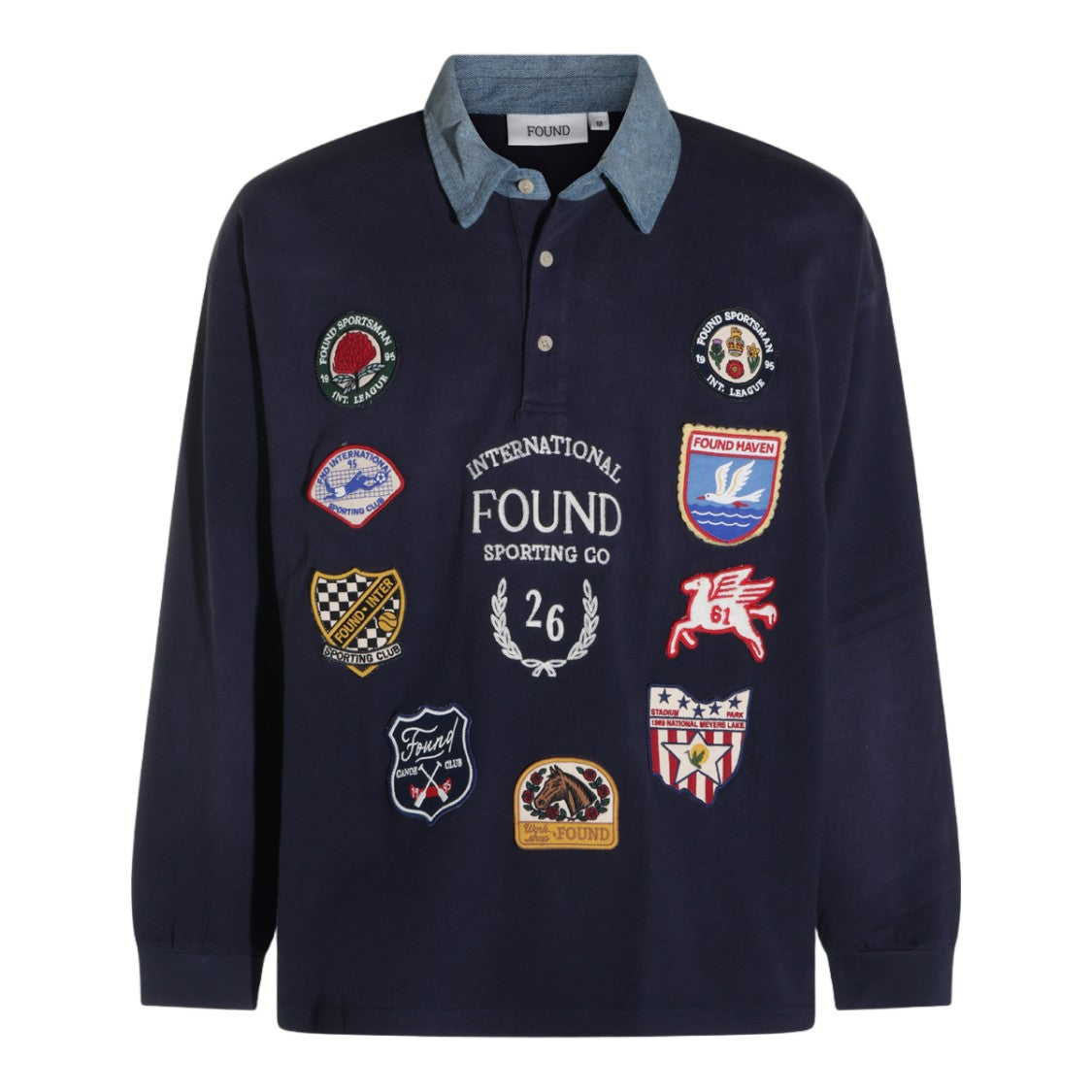Found Long-Sleeve Denim Collar Embroidered Polo Shirt
