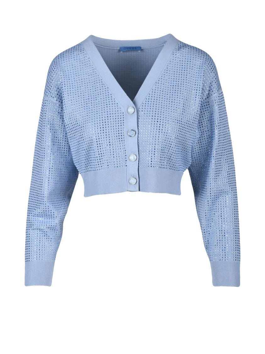 Guess Light Blue All-Over Sequin Viscose-Blend Cardigan
