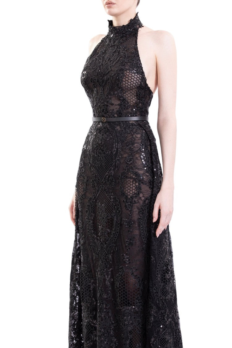 Saiid Kobeisy Floor-Length Embroidered Lace Dress With Halter Neckline And A-Line Overskirt