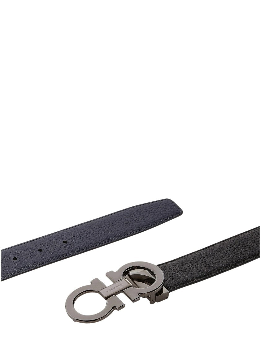 Ferragamo Textured Leather Reversible Belt With Metallic Double-Ring Buckle