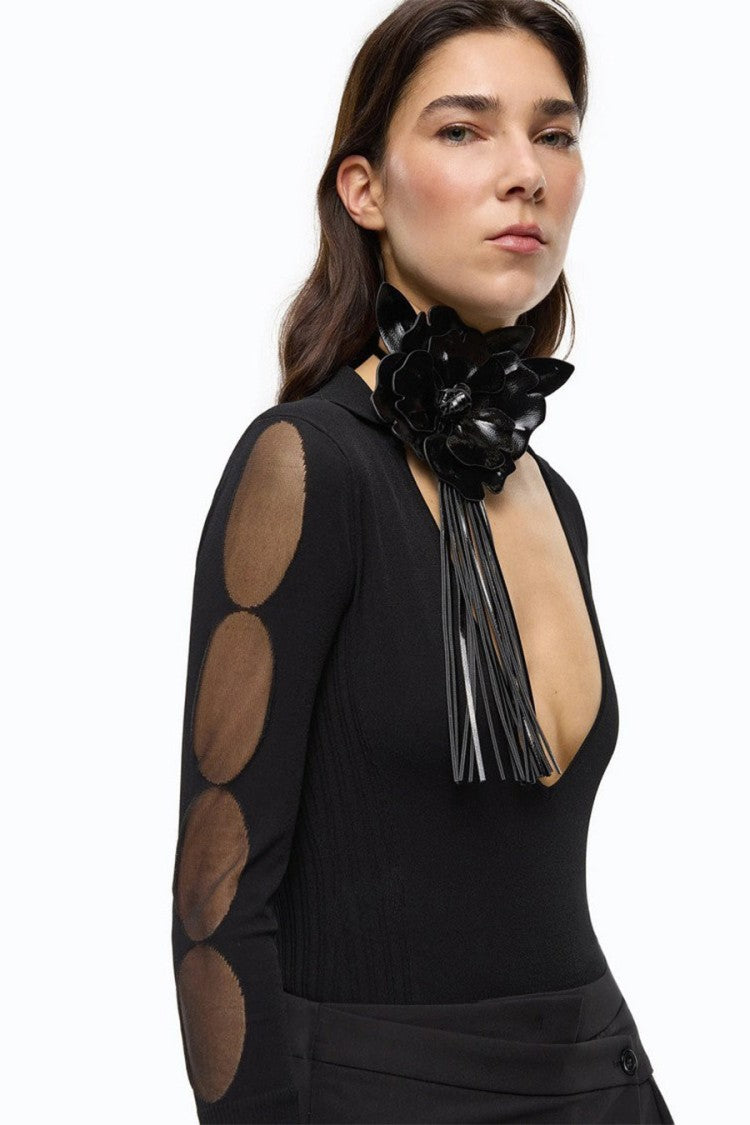Pinko Black Viscose-Blend Sheer-Panel Top Bodysuit