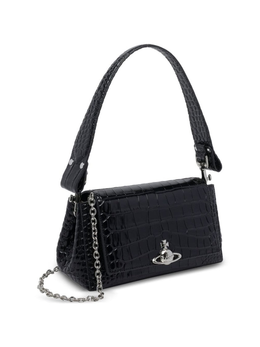 Vivienne Westwood Glossy Black Crocodile-Embossed Handbag With Silver Emblem
