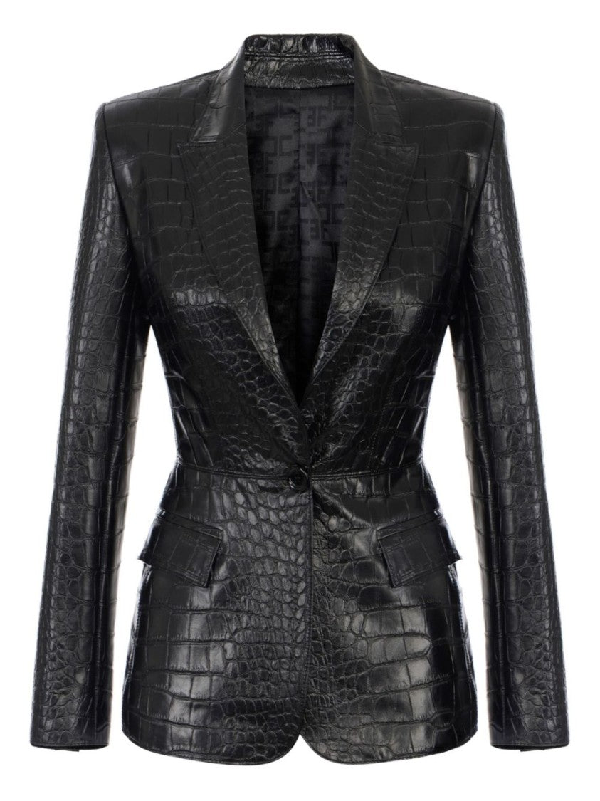 Elisabetta Franchi Crocodile-Embossed Blazer With Waist Belt