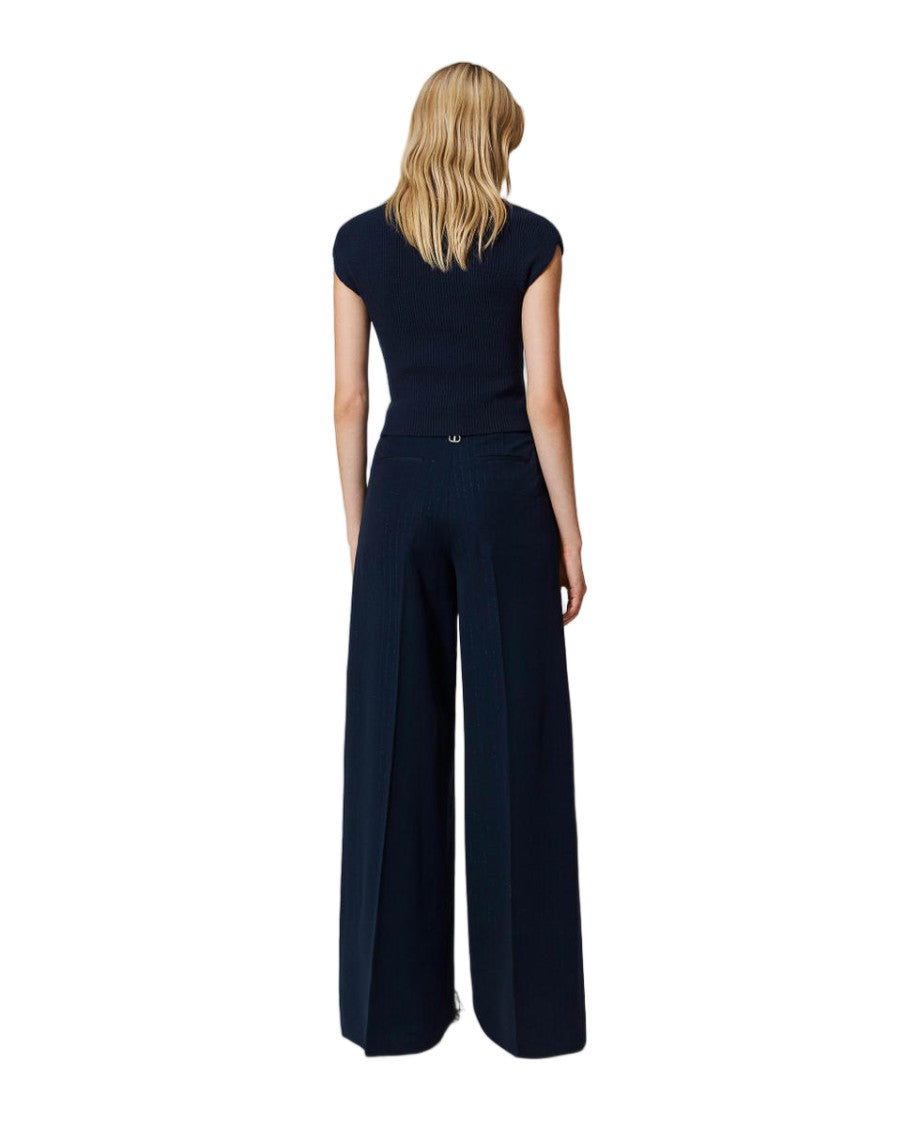 Twin-Set Indigo Lurex Pinstriped Front-Pleat Wide-Leg Pants