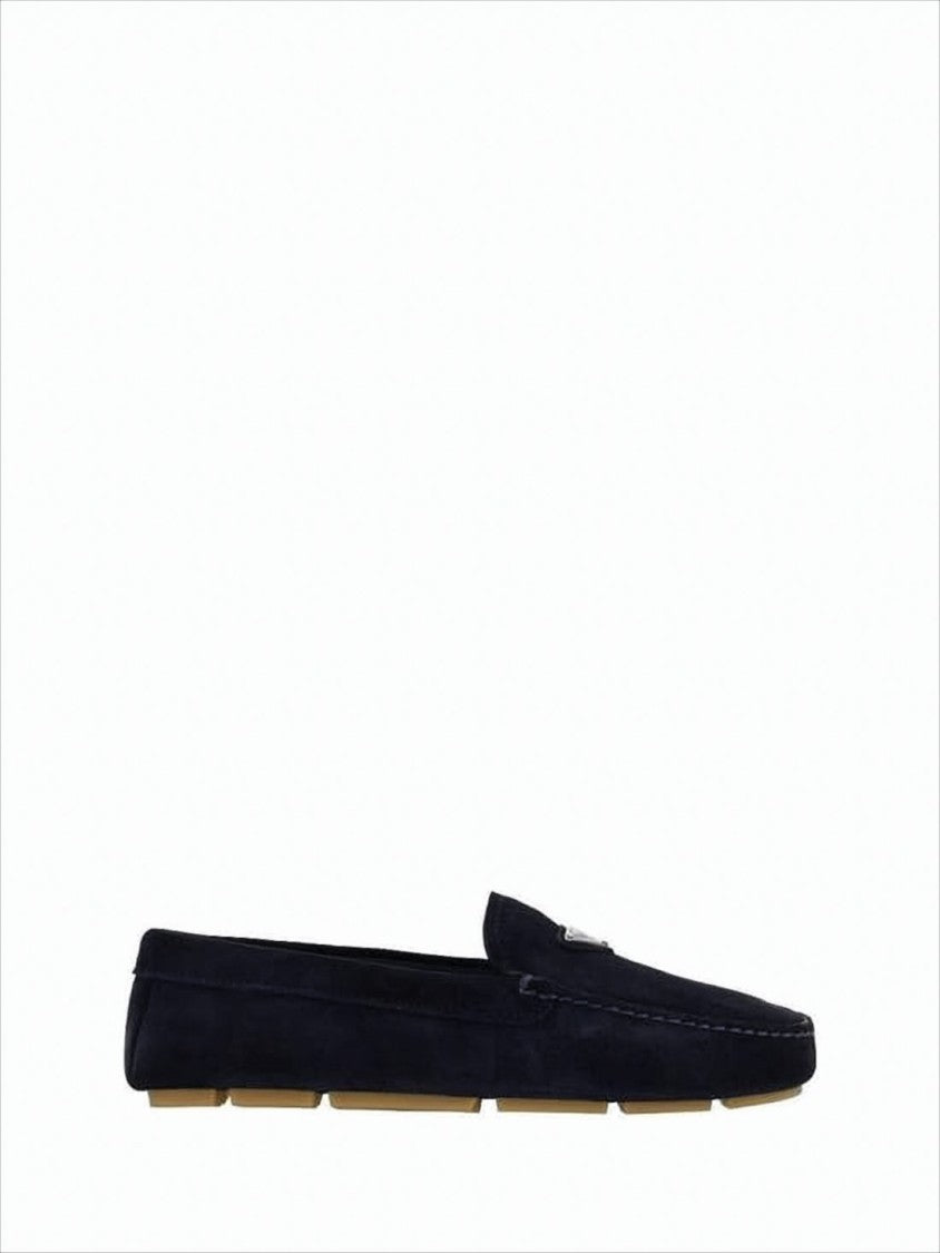 Prada Black Suede Loafers With Metallic Triangle Emblem By Prada