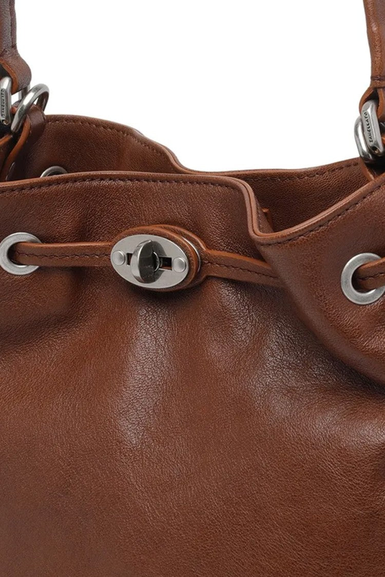 Zanellato Brown Leather Turn-Lock Drawstring Bucket Bag