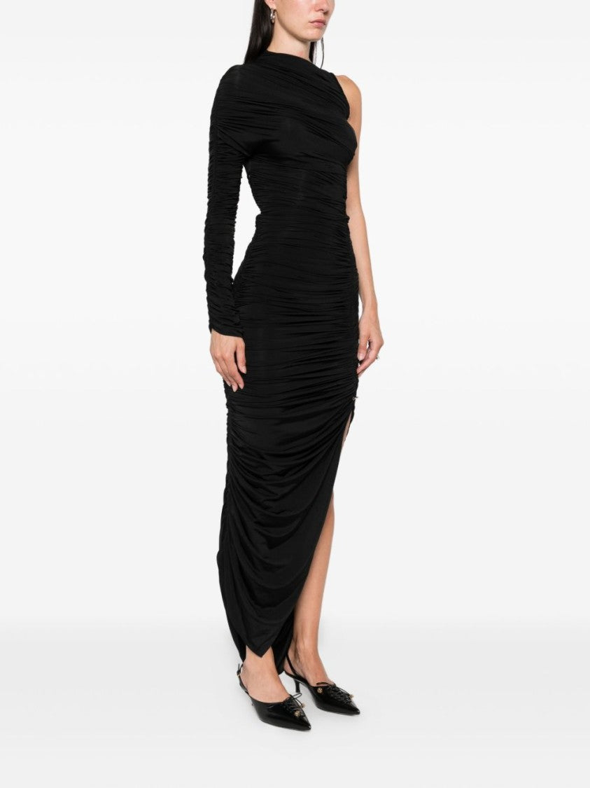 Mugler Black One Sleeve Draped Fitted Dress