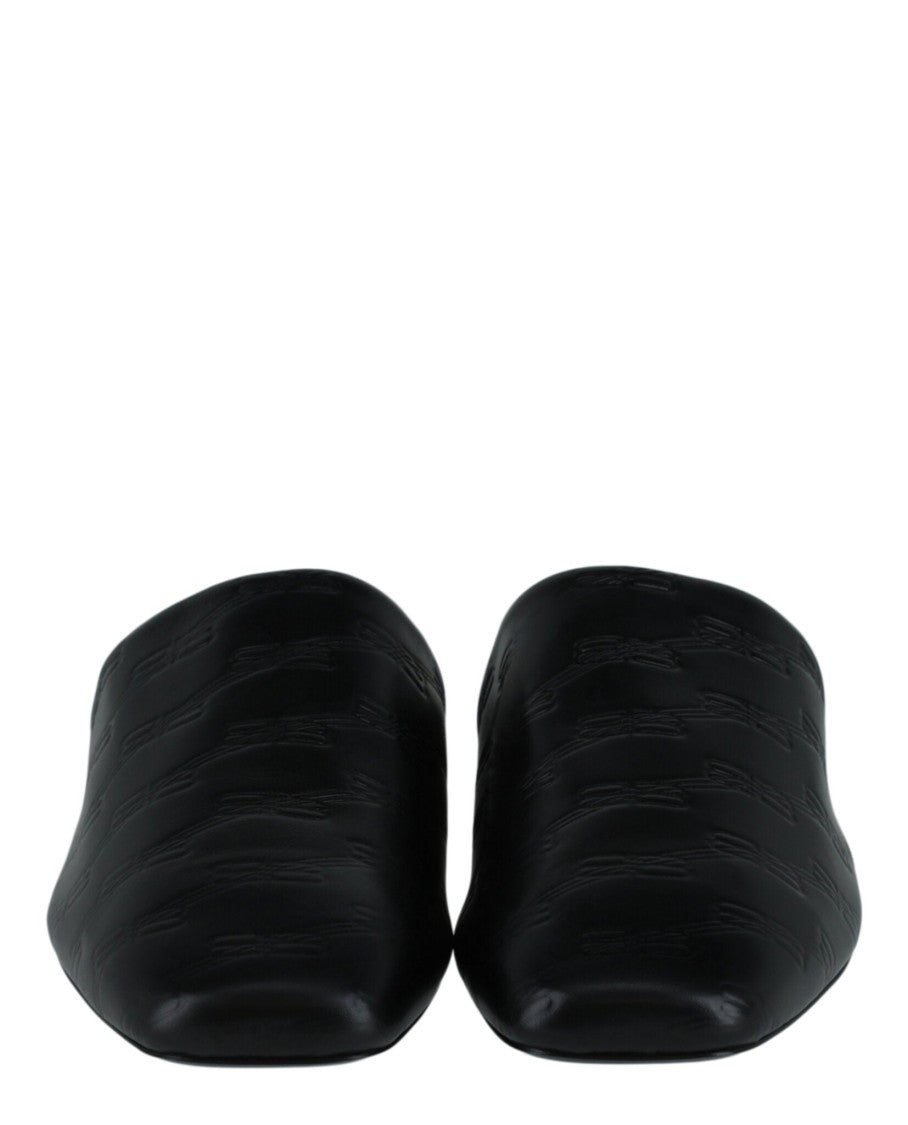 Balenciaga Square-Toe Black Calfskin Mules With Embossed Bb Monogram