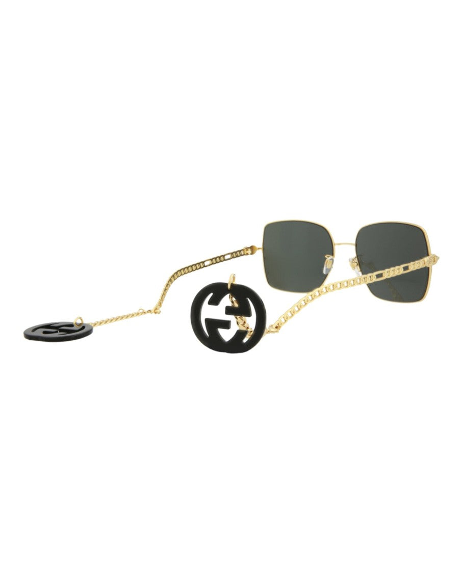 Gucci Square-Frame Metal Sunglasses With Chain-Link Temples