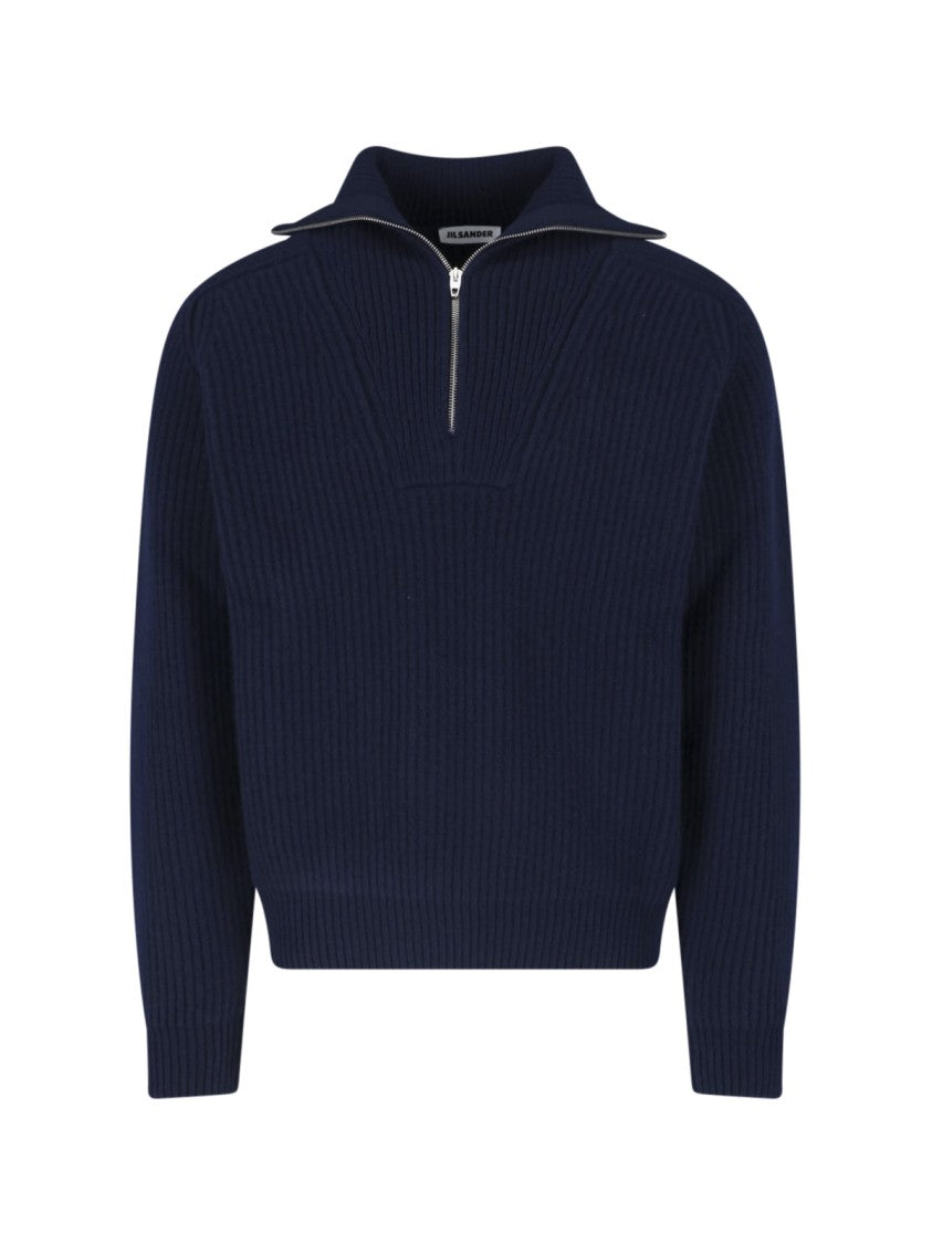 Jil Sander Half-Zip Ribbed Knit Sweater With Wide Collar