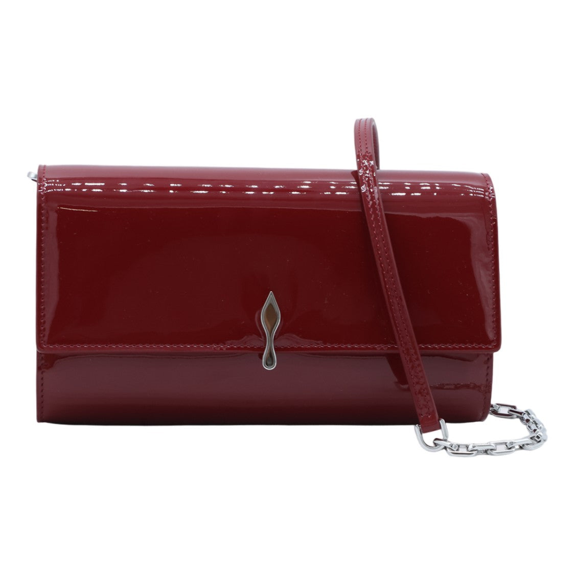 Christian Louboutin Glossy Red Wallet With Silver-Tone Clasp And Chain Strap
