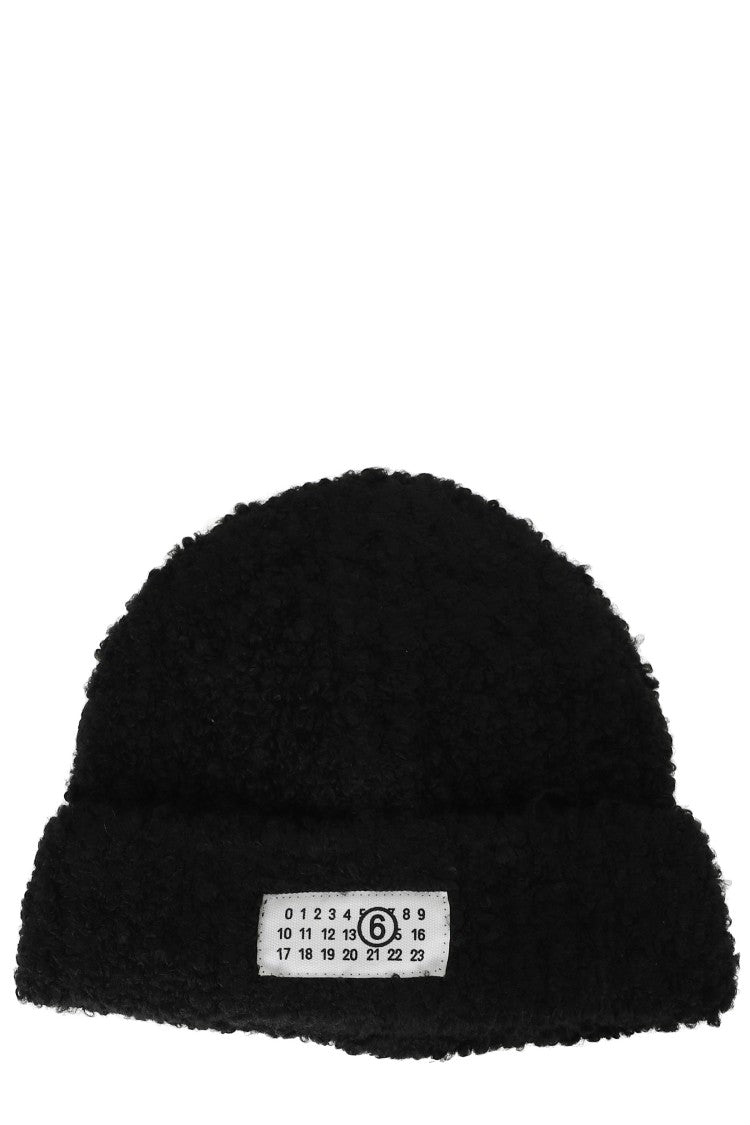 Mm6 By Maison Margiela Black Textured Turn-Up Cuff Logo Beanie Hat