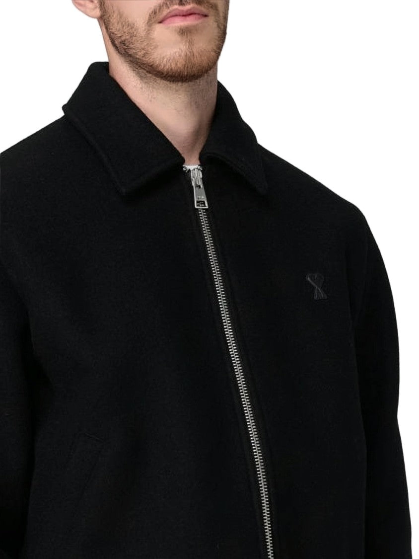 Ami Paris Slightly Cropped Wool Jacket With Classic Collar And Embroidered Logo