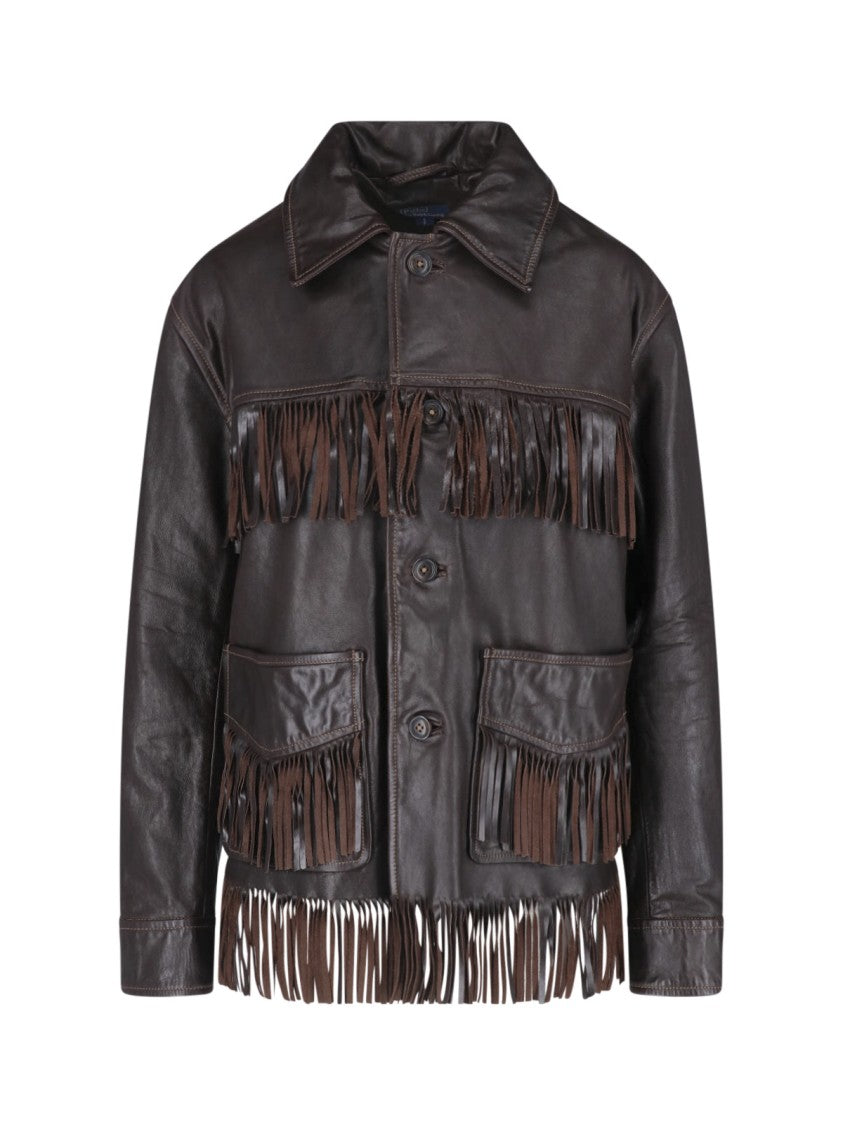 Polo Ralph Lauren Fringed Brown Leather Jacket With Classic Collar