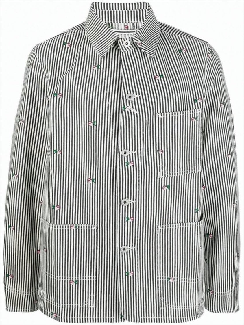 Kenzo Vertical Striped Cotton Jacket With Floral Embroidery